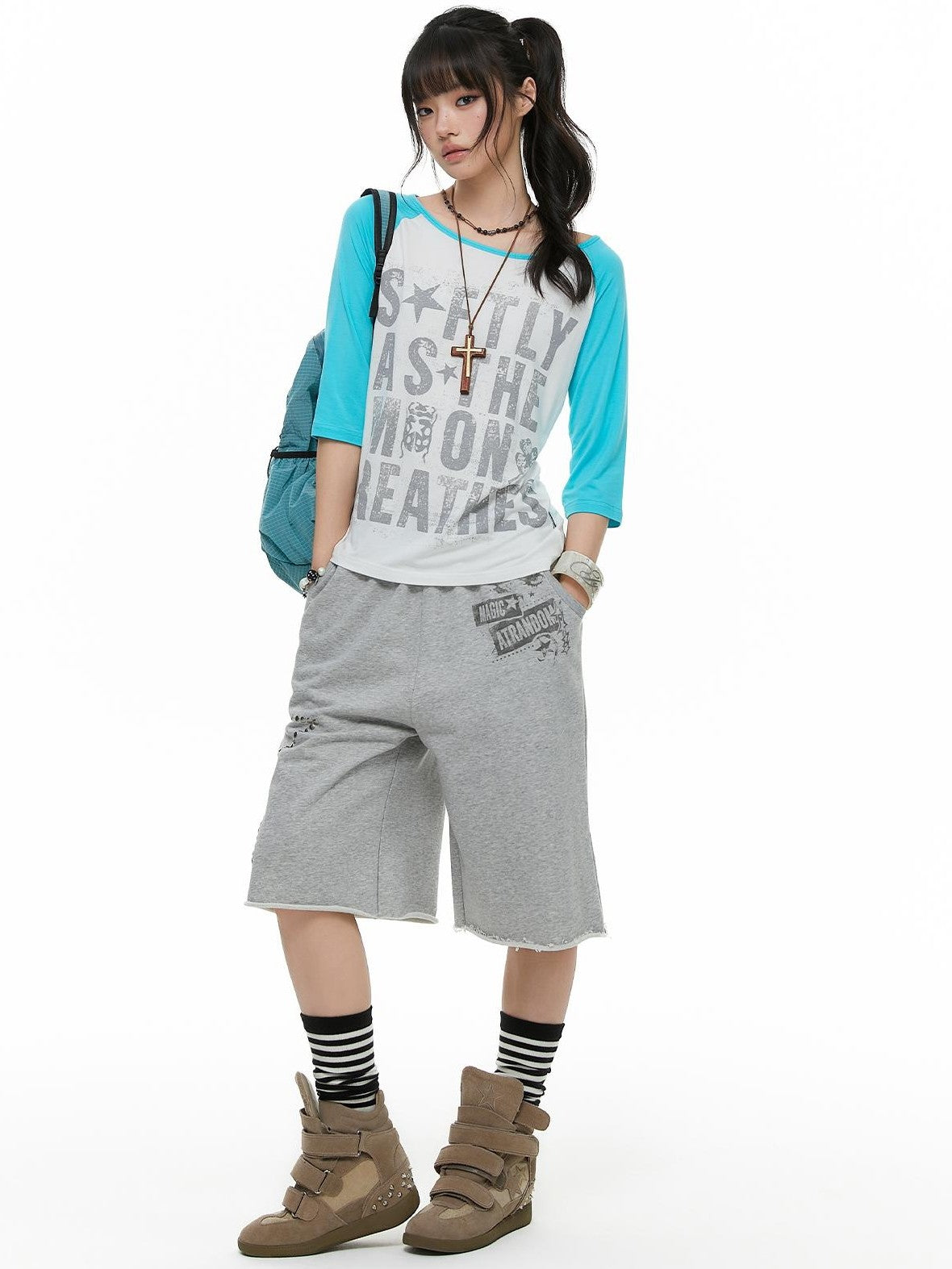 atrandom Star Print Rhinestone Cuffed Wide Leg Mid Rise Women&