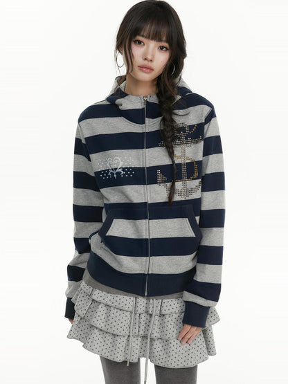 atrandom Striped Anchor Rhinestone Print Women&