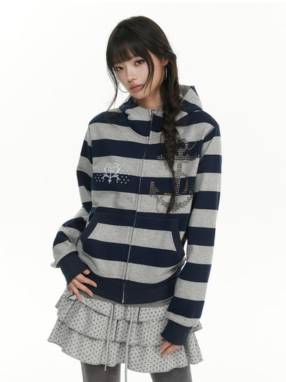 atrandom Striped Anchor Rhinestone Print Women&