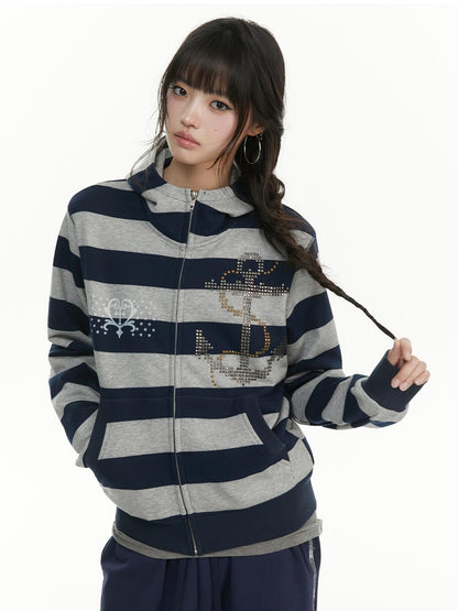 atrandom Striped Anchor Rhinestone Print Women&