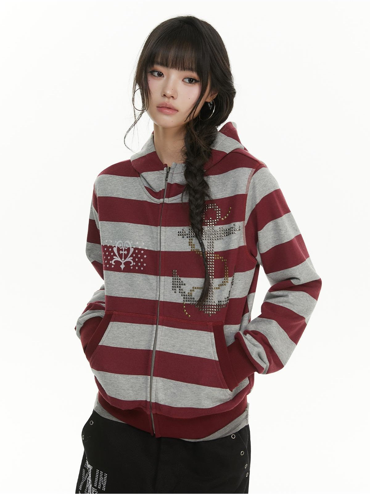 atrandom Striped Anchor Rhinestone Print Women&