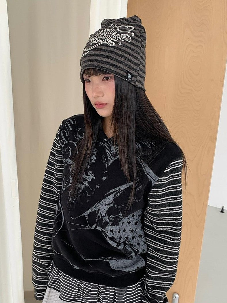 atrandom Striped Chain Embroidered Slouchy Casual Commuter Women&