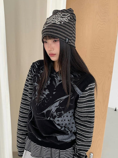 atrandom Striped Chain Embroidered Slouchy Casual Commuter Women&