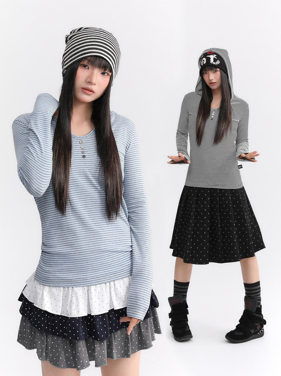 atrandom Striped Hooded Button Knit Women&