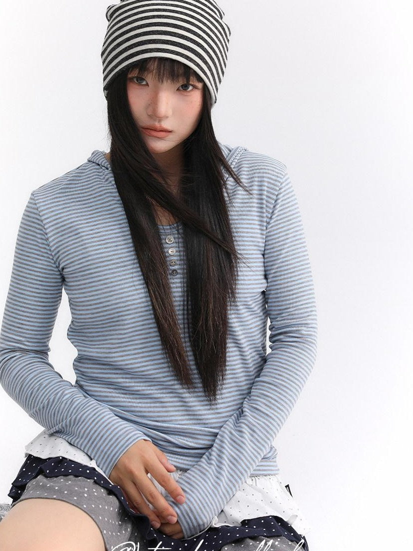atrandom Striped Hooded Button Knit Women&