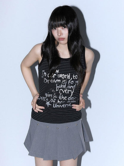 atrandom Striped Silver Foil Text Print Racerback Women&