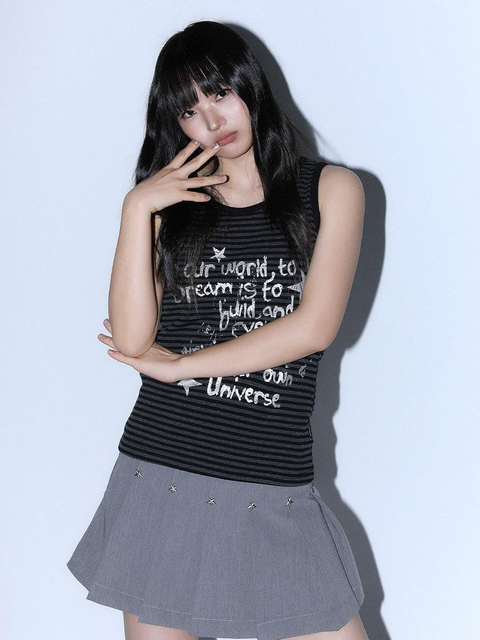 atrandom Striped Silver Foil Text Print Racerback Women&