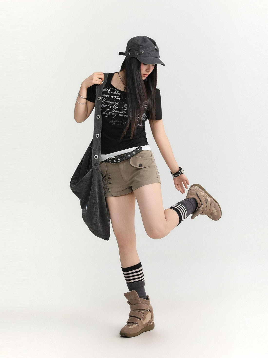 atrandom Text Print Pockets Workwear Straight Women&