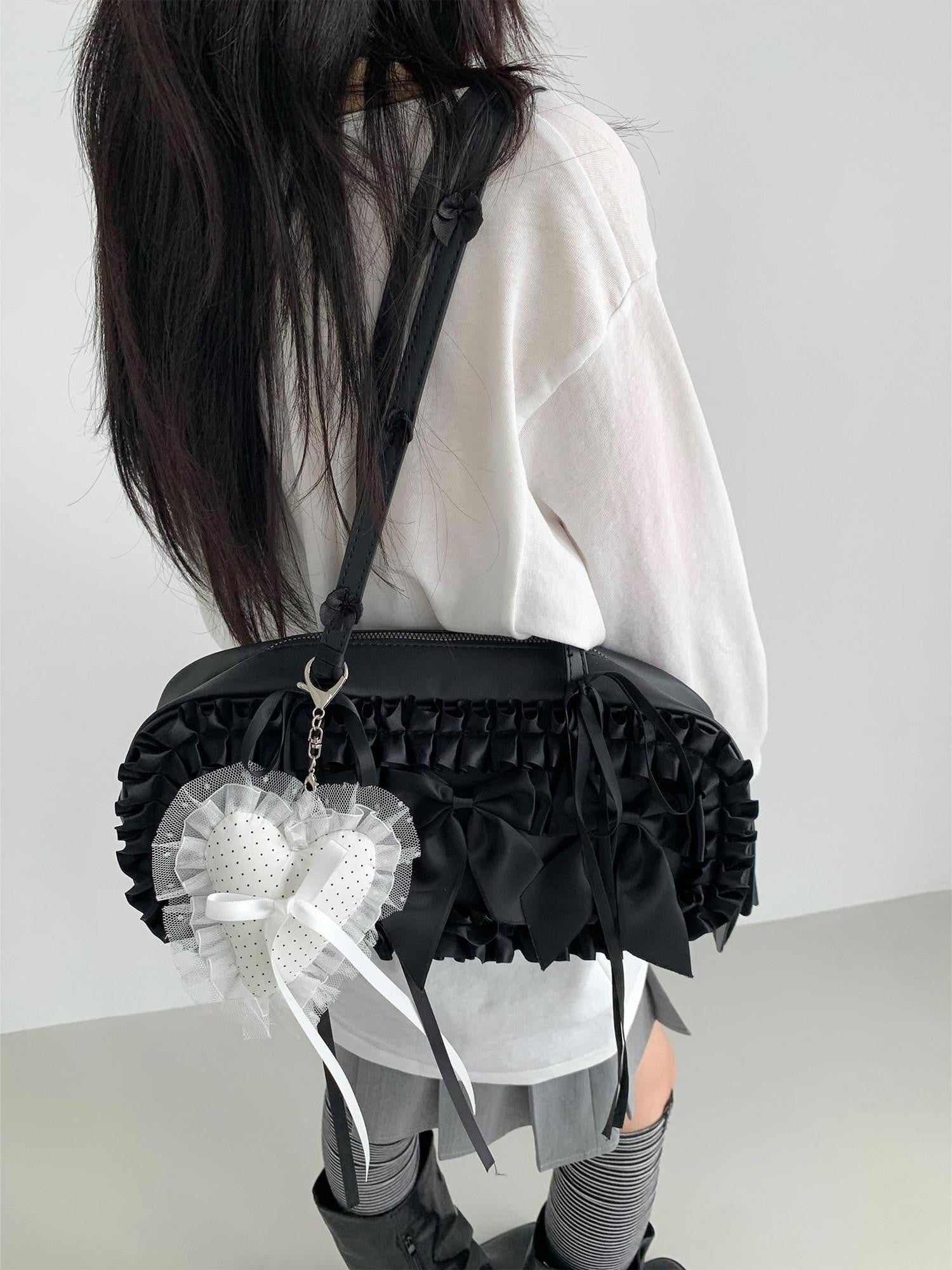 atrandom White Pom Pom Heart Lace Trim Bow Women&