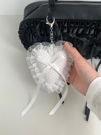 atrandom White Pom Pom Heart Lace Trim Bow Women&
