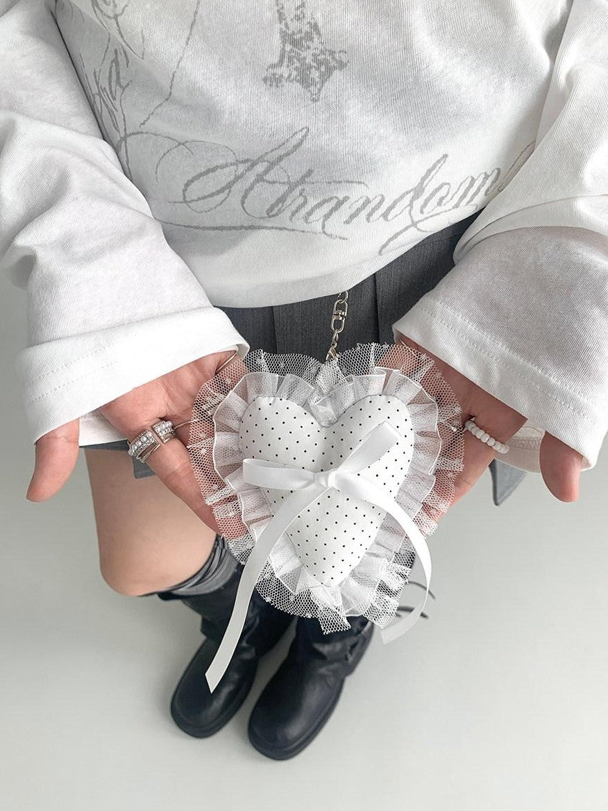 atrandom White Pom Pom Heart Lace Trim Bow Women&