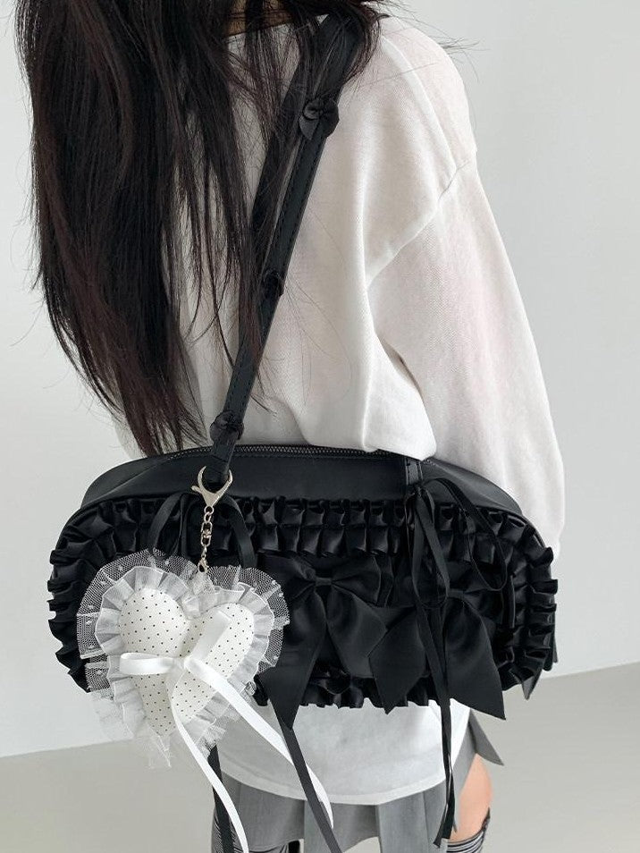atrandom White Pom Pom Heart Lace Trim Bow Women&