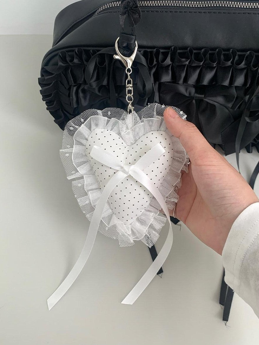 atrandom White Pom Pom Heart Lace Trim Bow Women&