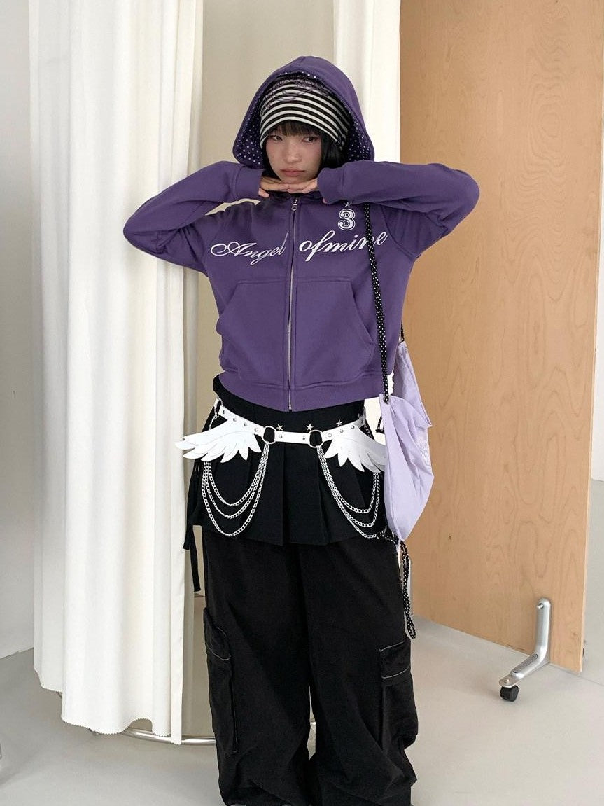 atrandom White Purple Chain Original Embroidery Letter Print Women&