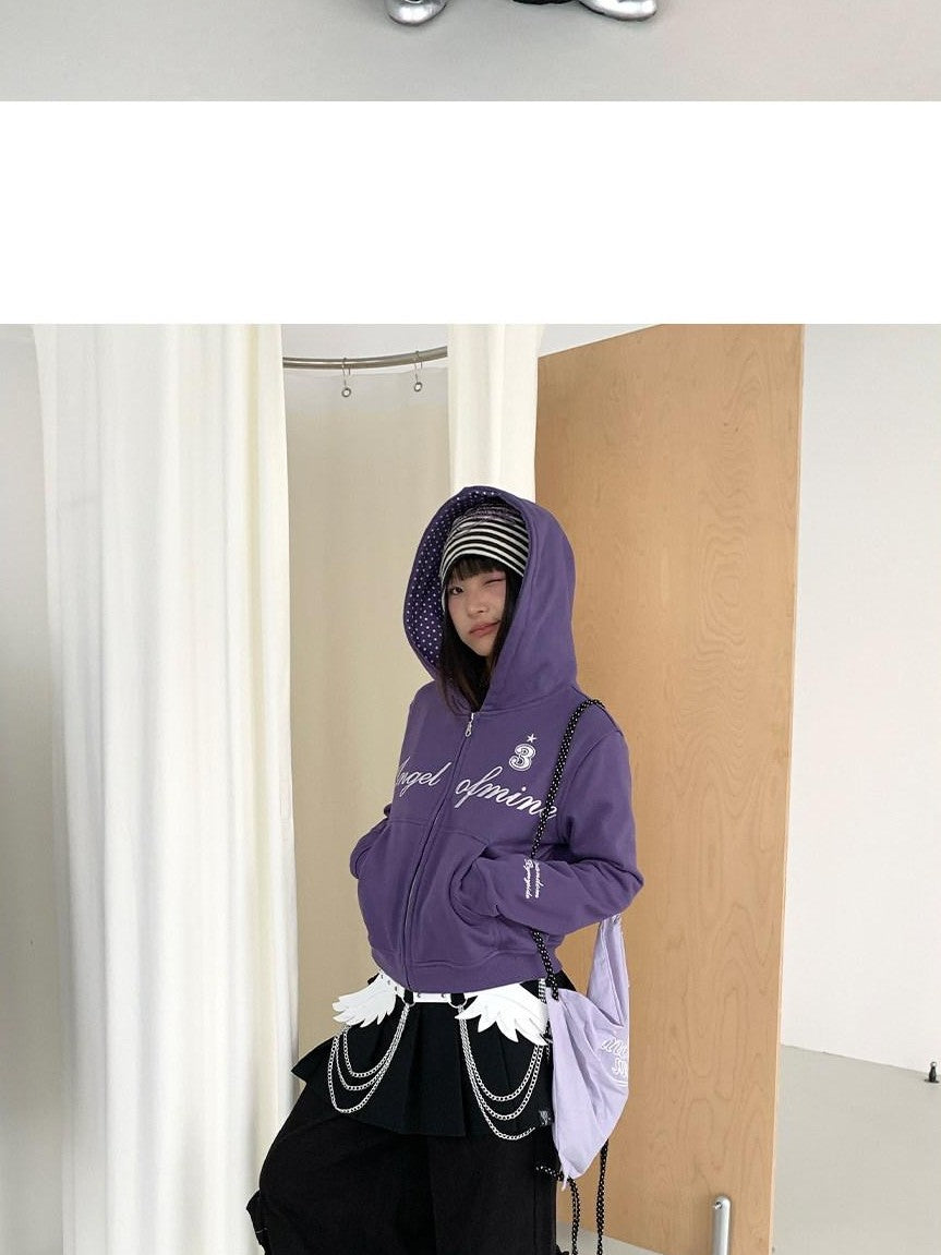 atrandom White Purple Chain Original Embroidery Letter Print Women&