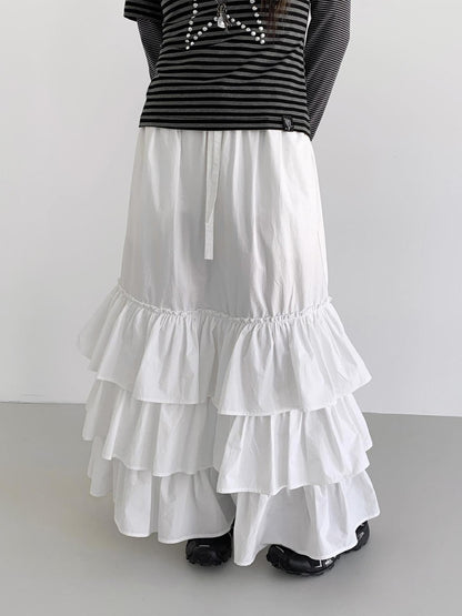 atrandom White Tiered Layered Gathered Elastic Waist Women&