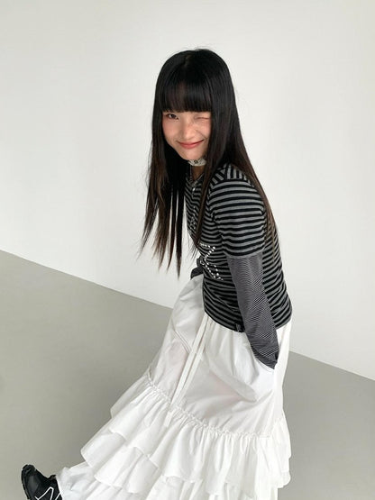 atrandom White Tiered Layered Gathered Elastic Waist Women&