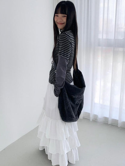 atrandom White Tiered Layered Gathered Elastic Waist Women&