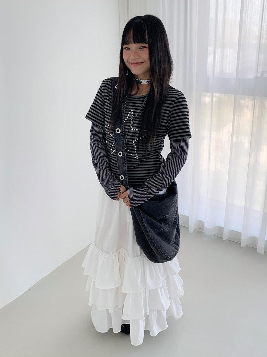 atrandom White Tiered Layered Gathered Elastic Waist Women&