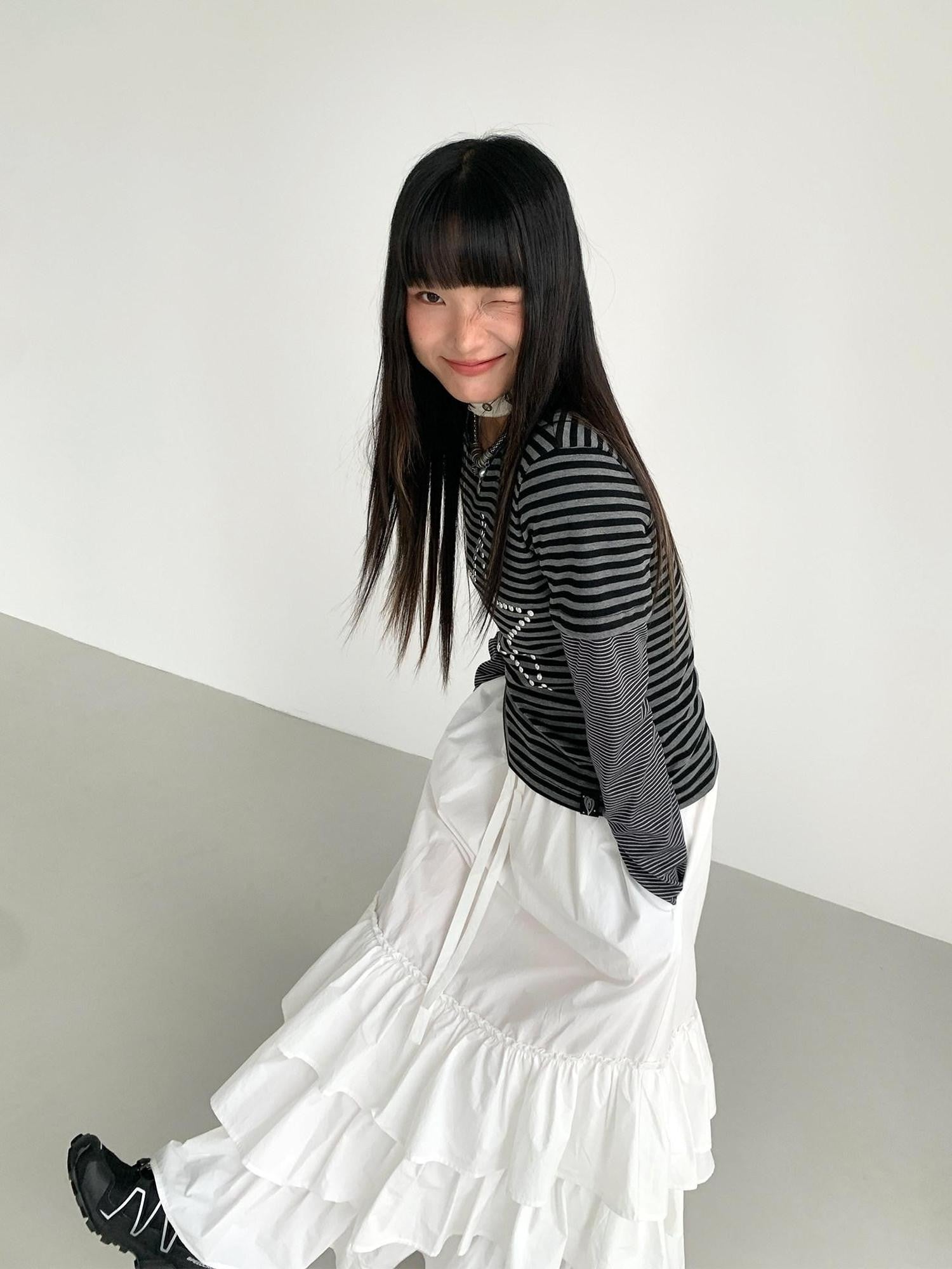 atrandom White Tiered Layered Gathered Elastic Waist Women&