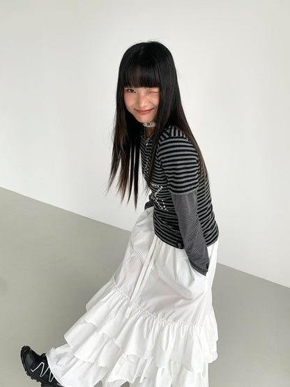 atrandom White Tiered Layered Gathered Elastic Waist Women&