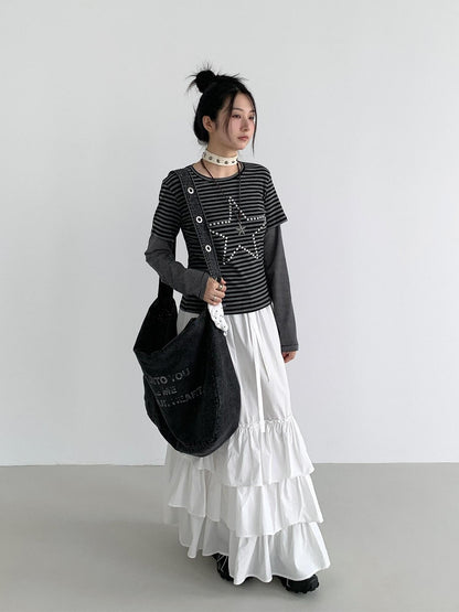 atrandom White Tiered Layered Gathered Elastic Waist Women&