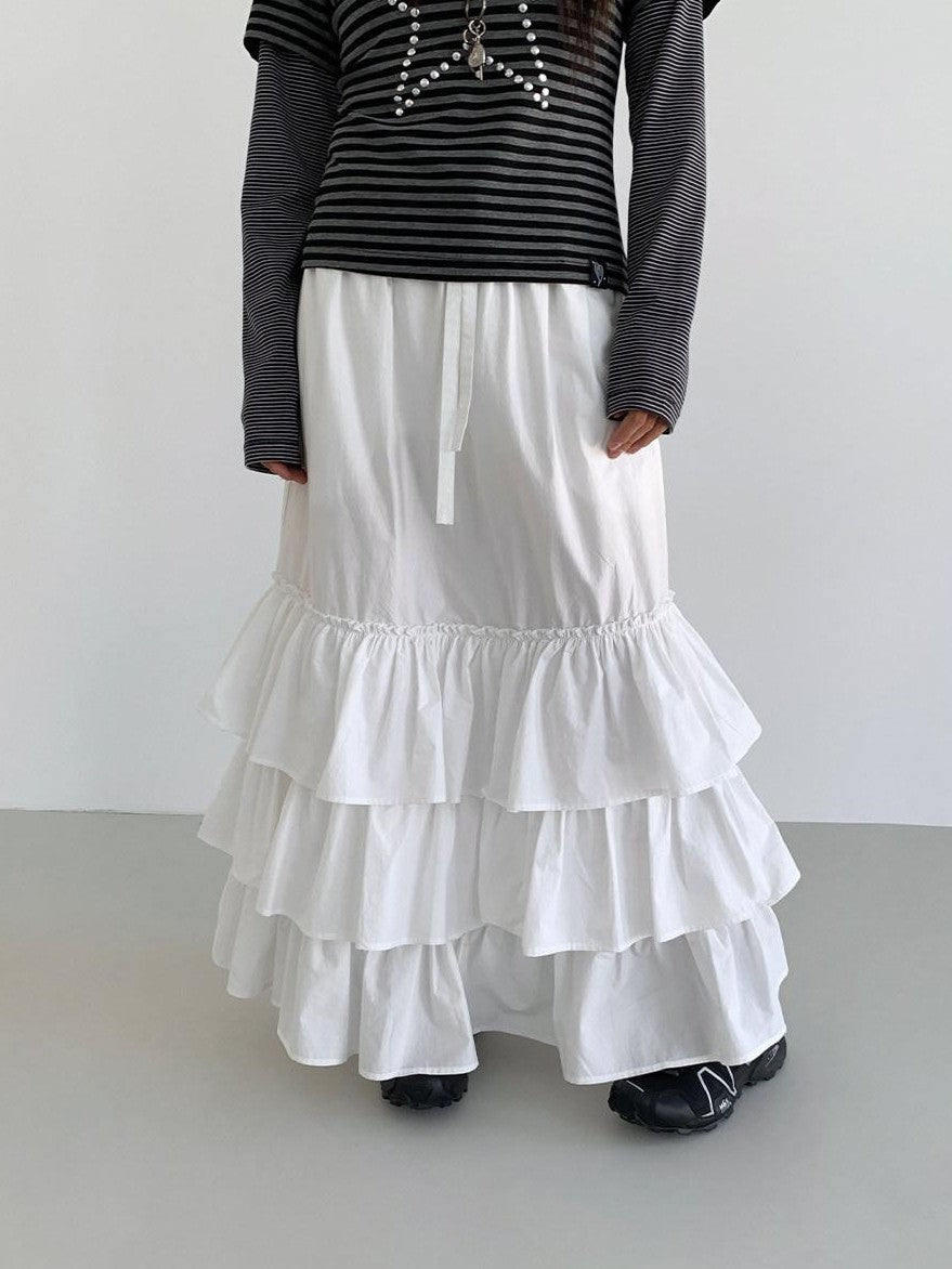 atrandom White Tiered Layered Gathered Elastic Waist Women&