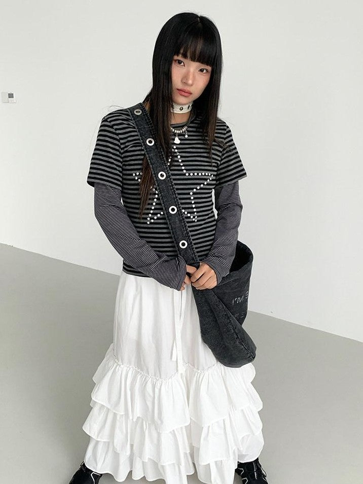 atrandom White Tiered Layered Gathered Elastic Waist Women&