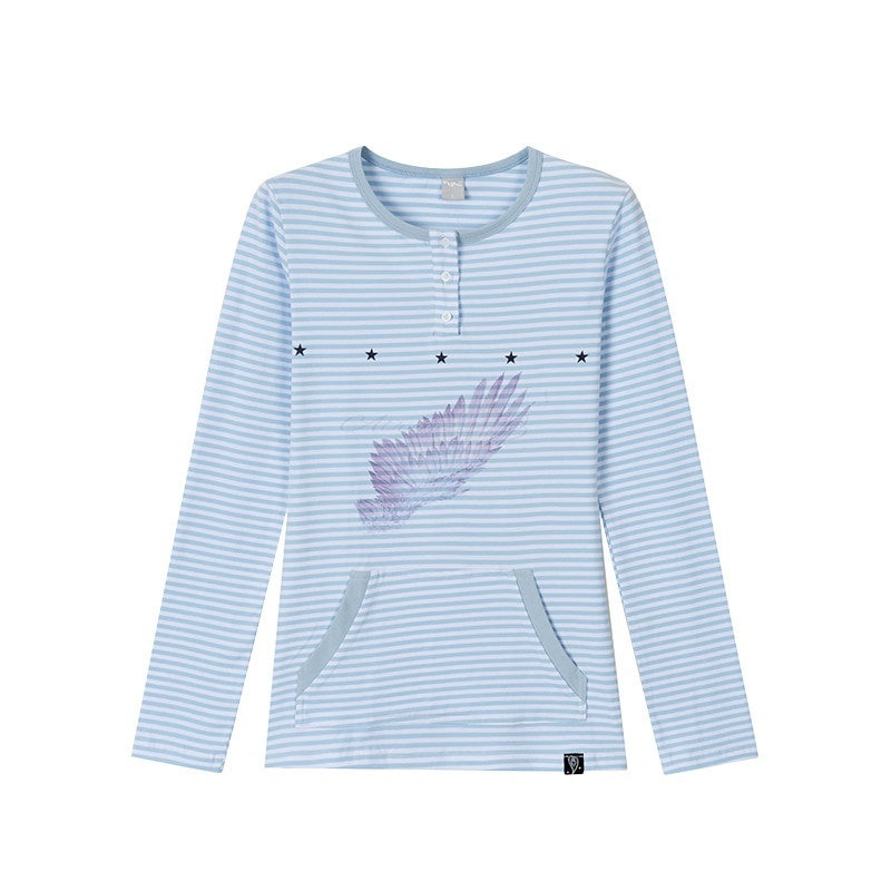 atrandom_Wing_Print_Striped_Blue_Gray_Slim_Round_Neck_Women&