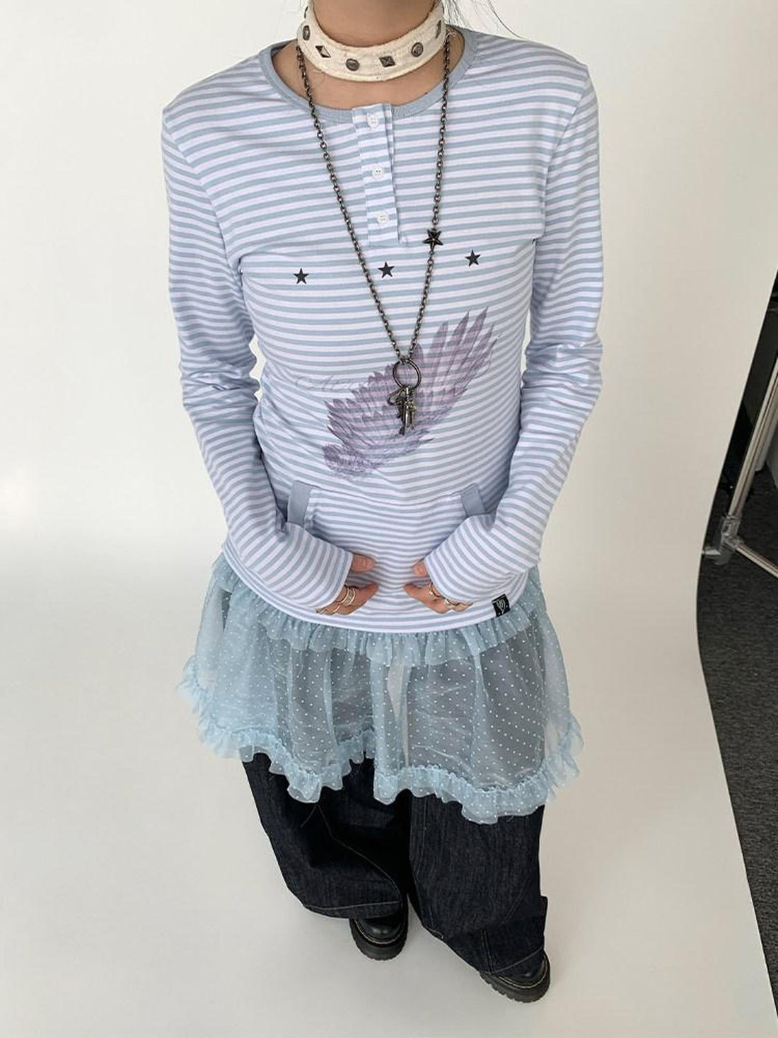 atrandom Wing Print Striped Blue Gray Slim Round Neck Women&