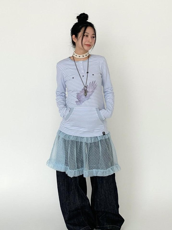 atrandom Wing Print Striped Blue Gray Slim Round Neck Women&