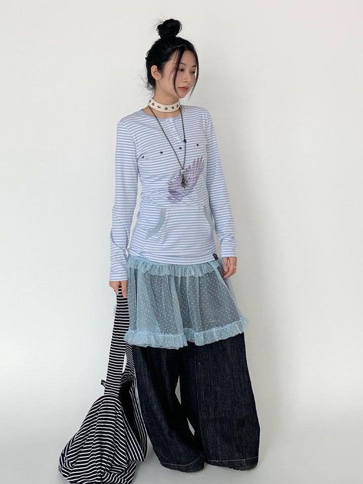 atrandom Wing Print Striped Blue Gray Slim Round Neck Women&