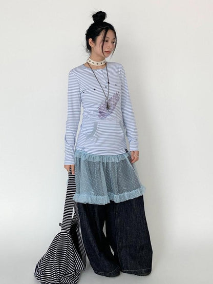 atrandom Wing Print Striped Blue Gray Slim Round Neck Women&