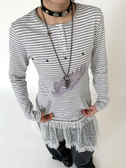 atrandom Wing Print Striped Blue Gray Slim Round Neck Women&