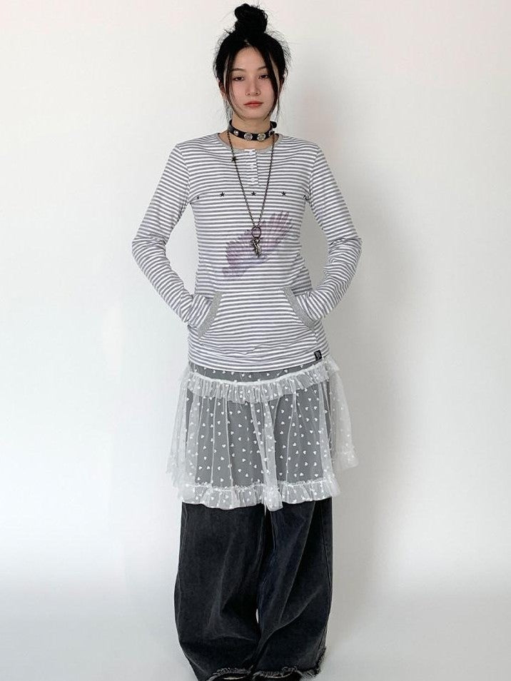atrandom Wing Print Striped Blue Gray Slim Round Neck Women&