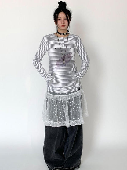 atrandom Wing Print Striped Blue Gray Slim Round Neck Women&