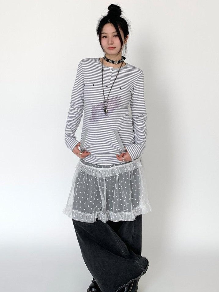 atrandom Wing Print Striped Blue Gray Slim Round Neck Women&