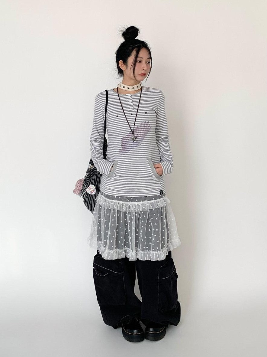 atrandom Wing Print Striped Blue Gray Slim Round Neck Women&