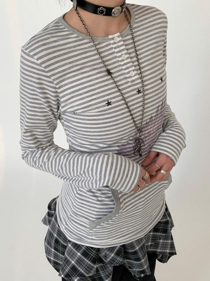 atrandom Wing Print Striped Blue Gray Slim Round Neck Women&