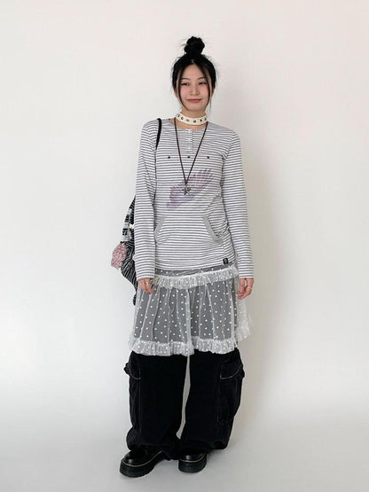 atrandom Wing Print Striped Blue Gray Slim Round Neck Women&