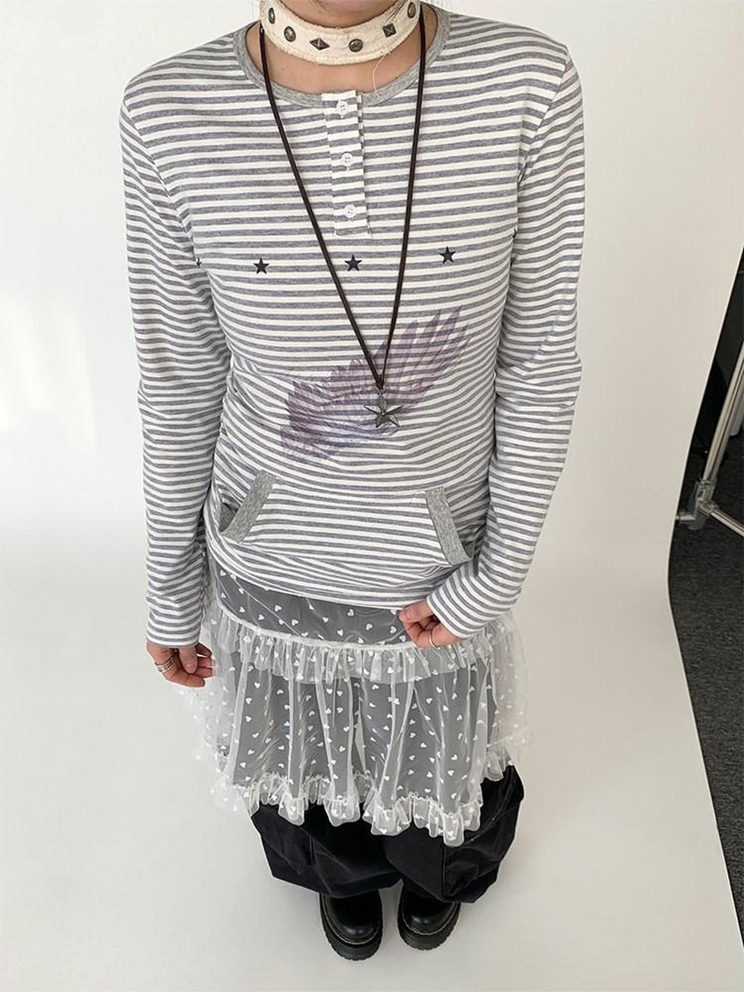 atrandom Wing Print Striped Blue Gray Slim Round Neck Women&