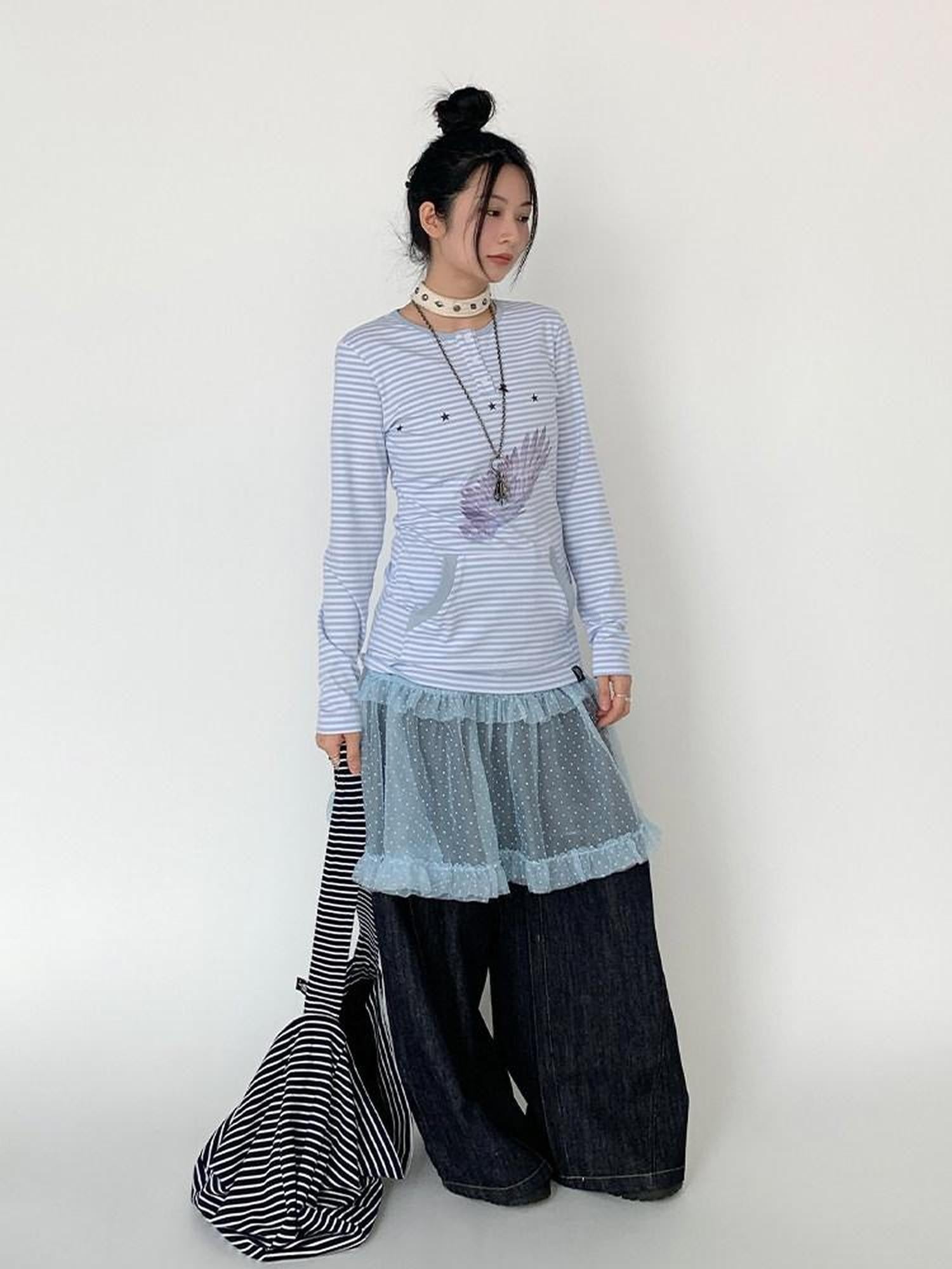 atrandom Wing Print Striped Blue Gray Slim Round Neck Women&