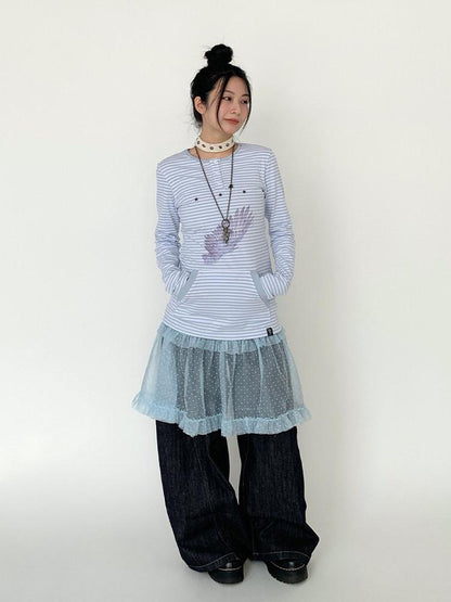 atrandom Wing Print Striped Blue Gray Slim Round Neck Women&