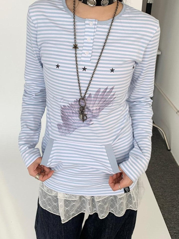 atrandom Wing Print Striped Blue Gray Slim Round Neck Women&