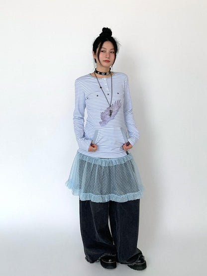 atrandom Wing Print Striped Blue Gray Slim Round Neck Women&