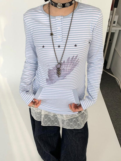 atrandom Wing Print Striped Blue Gray Slim Round Neck Women&