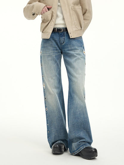 RUN TO THE FUTURE Washed Embroidered Low Rise Straight Cotton Button Fly Women Blue Wide-Leg Jeans