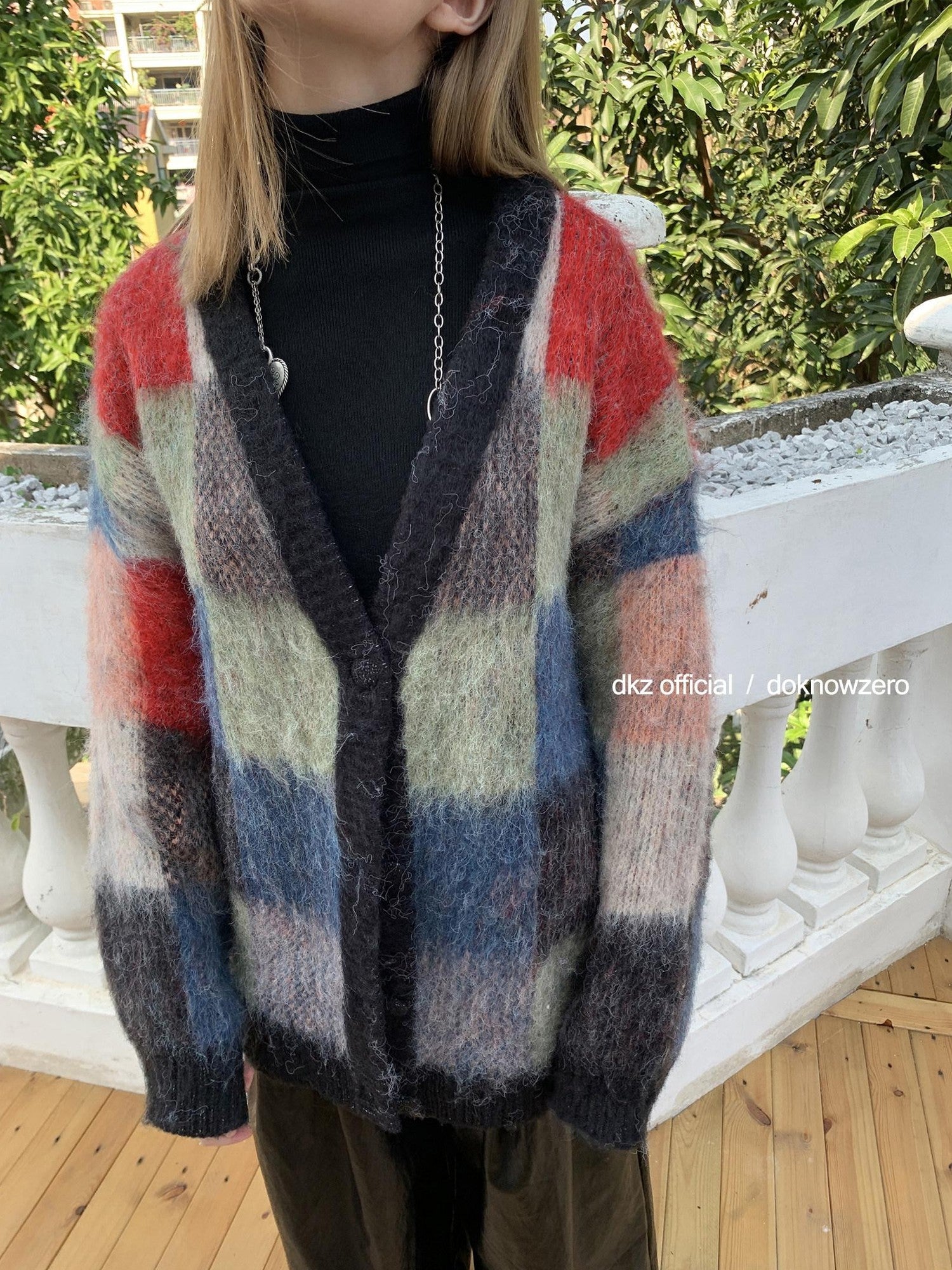 DKZ OFFICIAL Retro Colorful Plaid Knit Buttoned Loose Women&