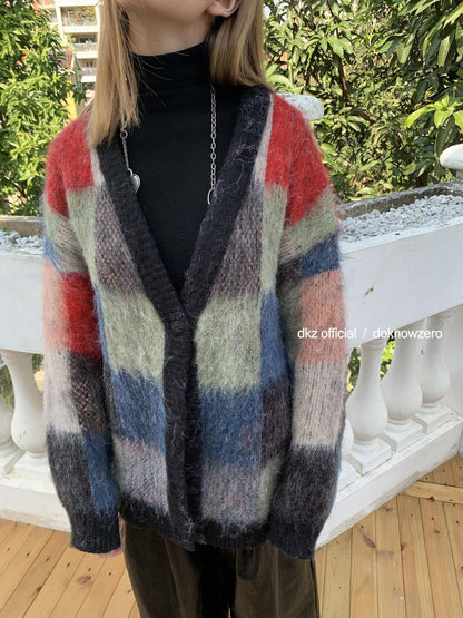 DKZ OFFICIAL Retro Colorful Plaid Knit Buttoned Loose Women&