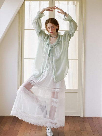 DIDDI MODA White Lace Top Petal Hem Skirt Women&